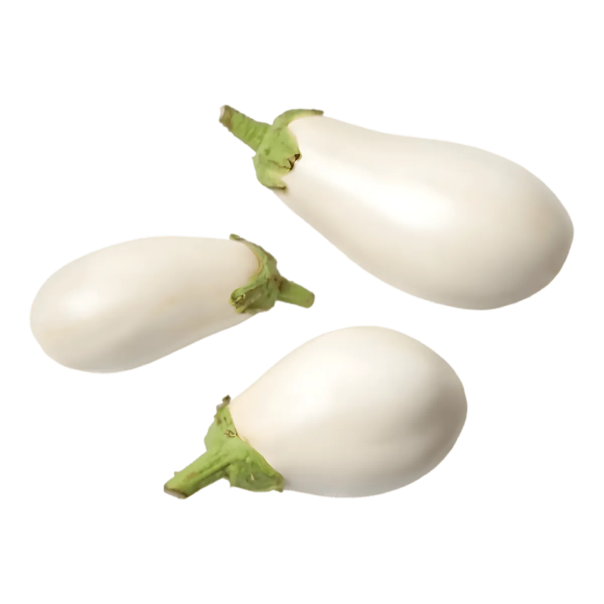 Trois aubergines blanches africaines fraîches, à la peau lisse. Légume exotique à la texture tendre et goût subtil.